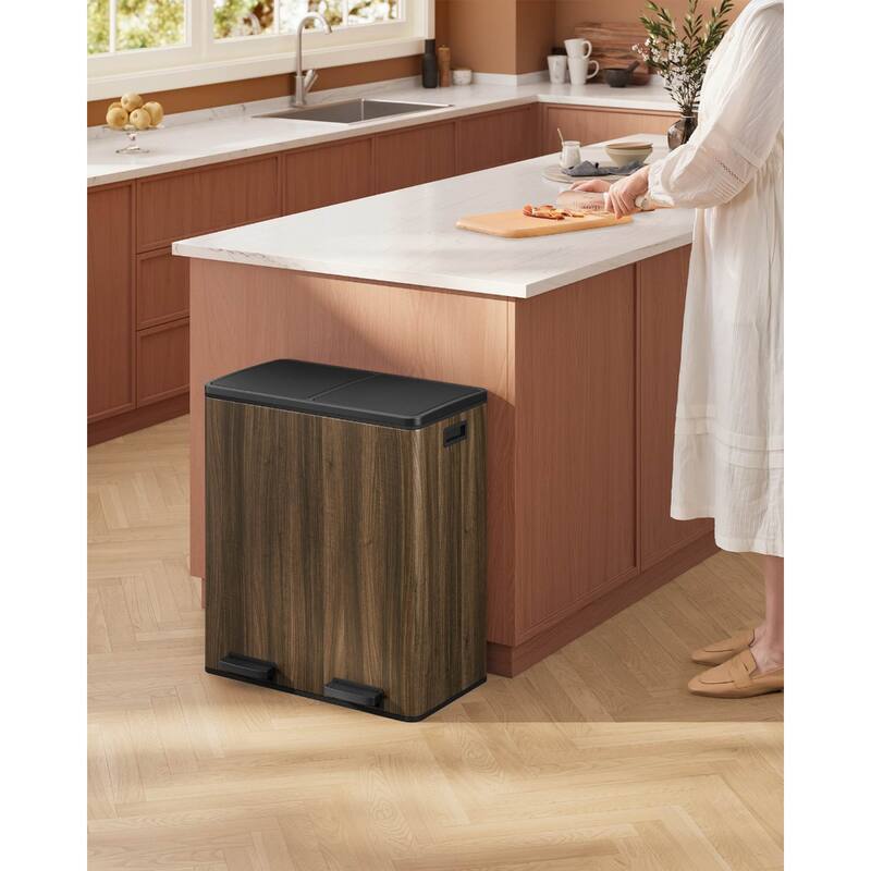 Stainless Steel Dual Compartment Trash Can with Soft-Close Lid Foot Pedal and Removable Inner Buckets - Dark Walnut