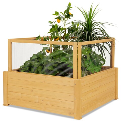 Gymax Raised Garden Bed Guard Fence Wooden Garden Box with 9 Grids & - 42'' x 42'' x 32.5''