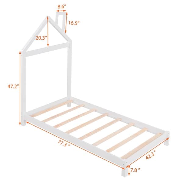 dimension image slide 2 of 8, Modern Kids Bed Wooden Platform Bed Frame with House-shaped Headboard