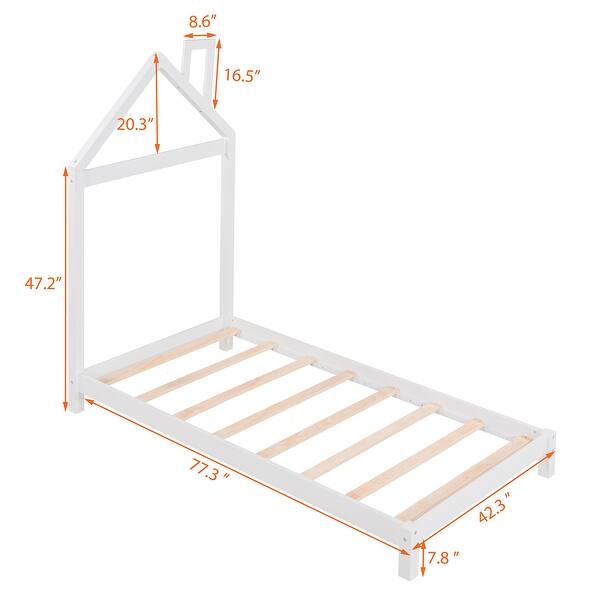 dimension image slide 2 of 8, Wooden Platform Bed with Wood Slat Support, Modern Solid Wood Kids Bed Frame with House-shaped Headboard, No Box Spring Needed
