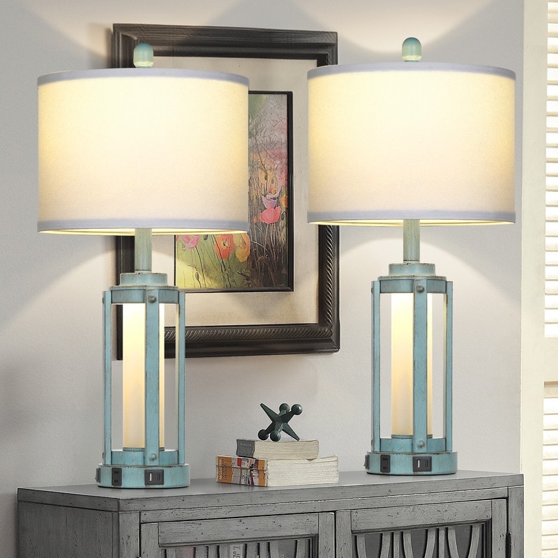 Set of 2 Farmhouse Blue Table Lamps, 26-Inch, with USB & Type-C Charging Ports, AC Outlet, and Nightlight - 12'' X 12'' X 26''