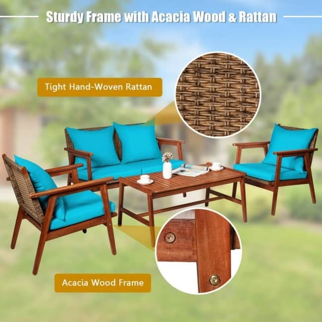 4 Piece Acacia Wood Patio Rattan Furniture Set with Cushions - 45" x 27.5"x 29.5" (L x W x H)