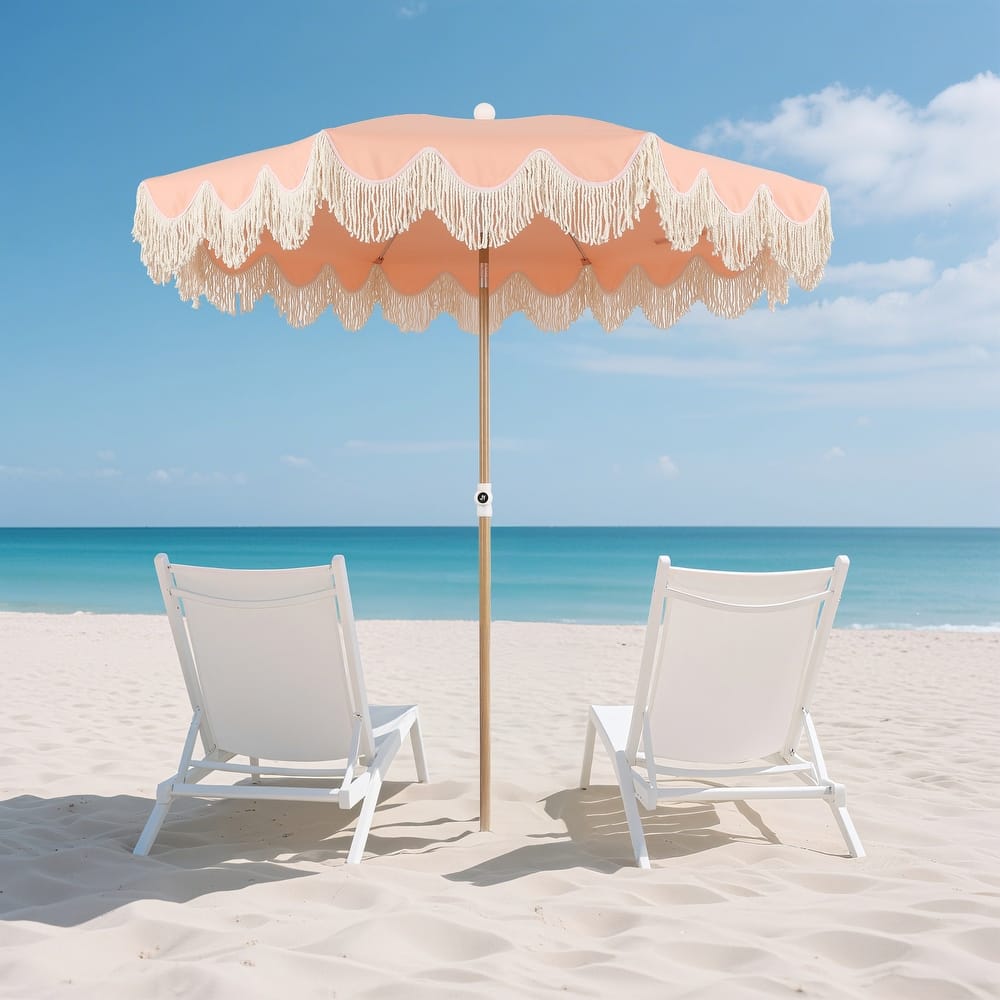 JONATHAN Y Mariner 6.5ft Classic Fringe Umbrella w/ Tilt & Bag