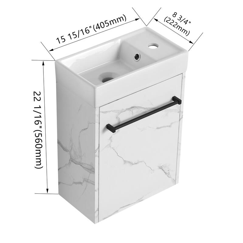 16" Wall-Mounted Bathroom Vanity with Carrara White Ceramic Sink, Soft-Close Doors, and Ample Storage