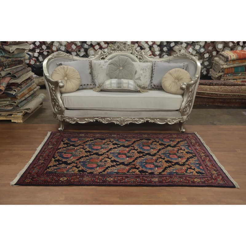 Hand Knotted Oriental 100% Wool Carpet Traditional Floral Navy Blue & Blues Senneh Area Rug - 6' 5'' X 4' 3''