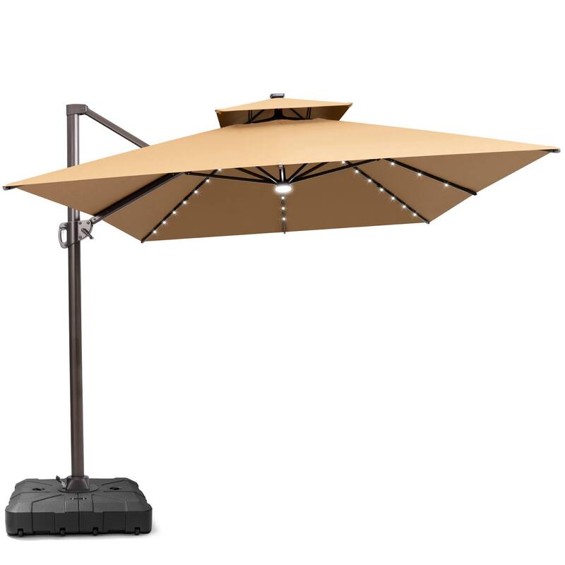 13 x 10ft Solar Powered LED Patio Cantilever Umbrella 360-degree Rotation with Weighted Base - Tan
