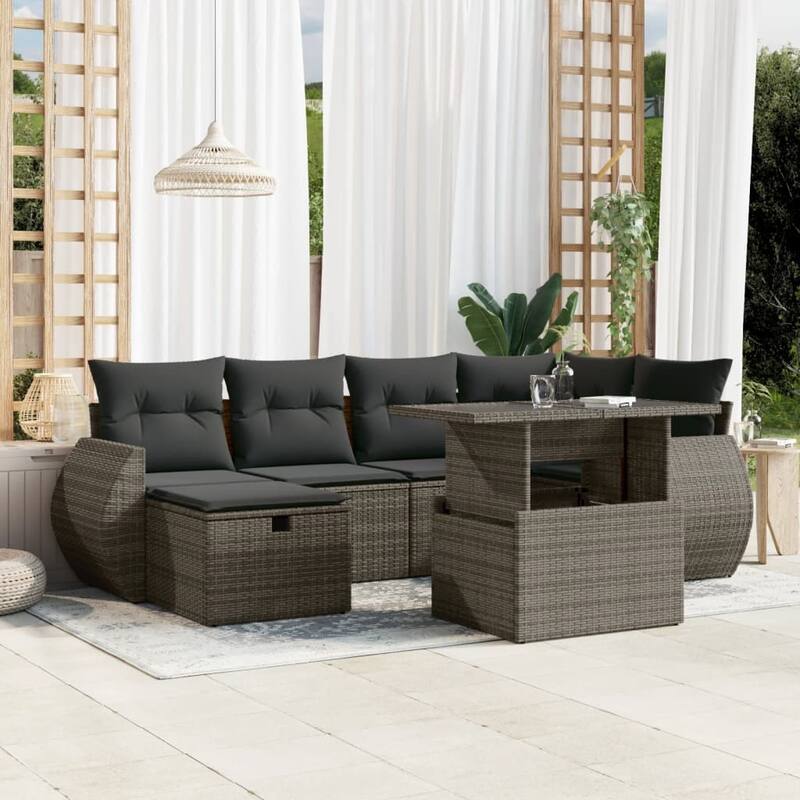 vidaXL Patio Sofa Set with Cushions Outdoor Furniture 7 Piece Poly Rattan - Grey - 21.7 x 39.4 x 28.7 in
