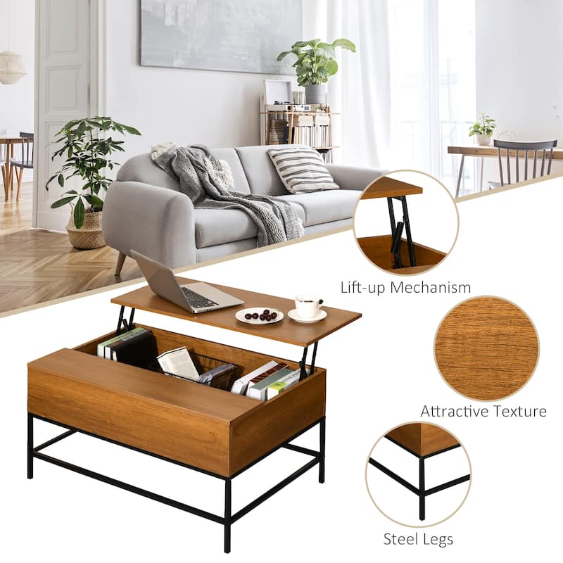 HOMCOM Lift Top Coffee Table with Hidden Storage Compartment and Steel Legs for Living Room