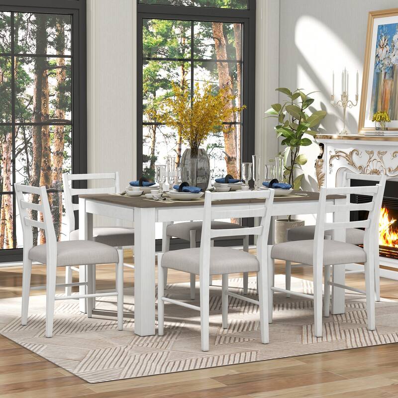 7 Piece Wooden Furniture Set, Extendable Kitchen Table Set with Leaf and 2 Drawers, 6 Upholstered Dining Chairs