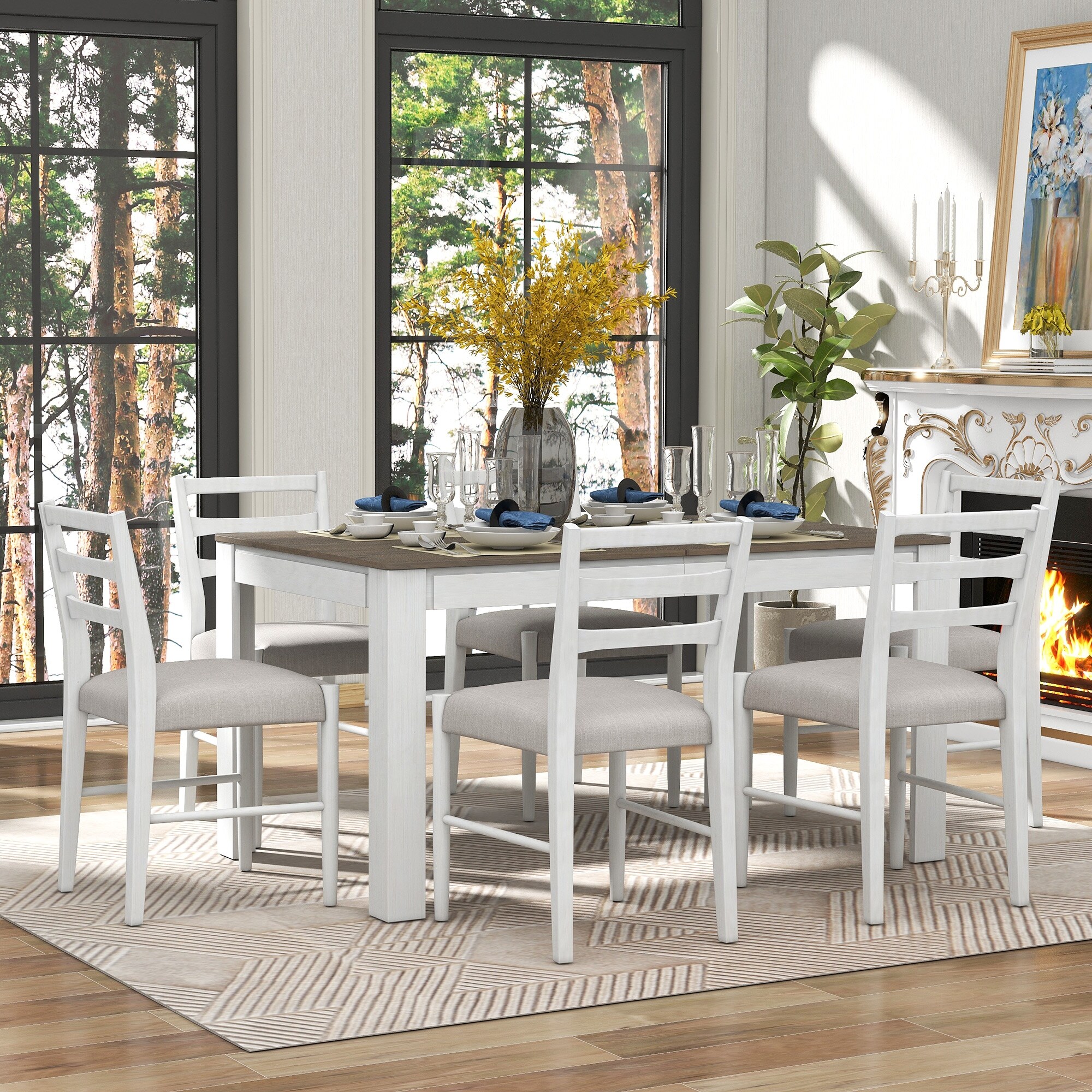 Modern Rectangular 7 Piece Wooden Dining Table Set with Extendable Table and Drawers Cushion Dining Chairs for Dining Room Brown White
