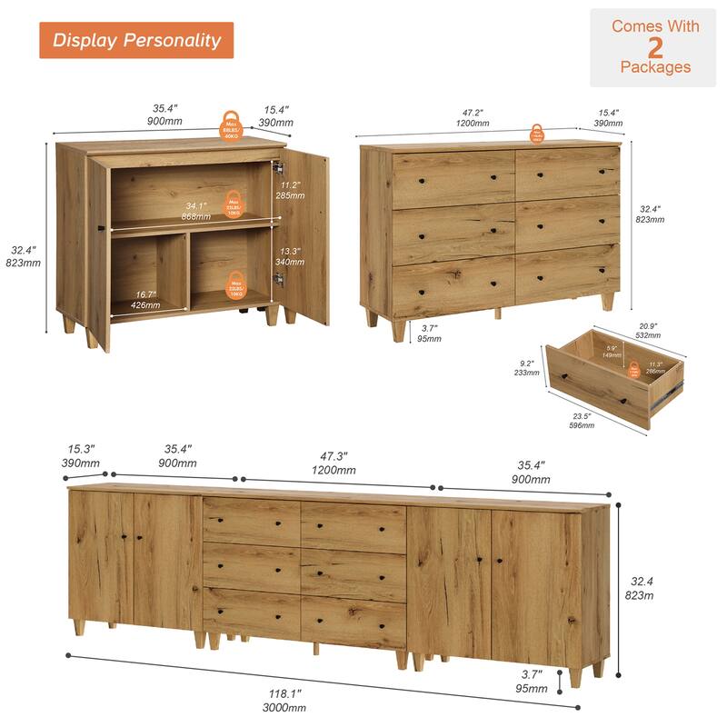 Wood Dresser with 6 Drawers and 2 Cabinets for Bedroom, 118" Wide