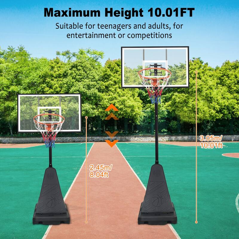 Portable Basketball Hoop,Adjustable Height 8.04ft to 10.01ft,44 inch Backboard with Rebound System,w/Rebound Board & Wheels