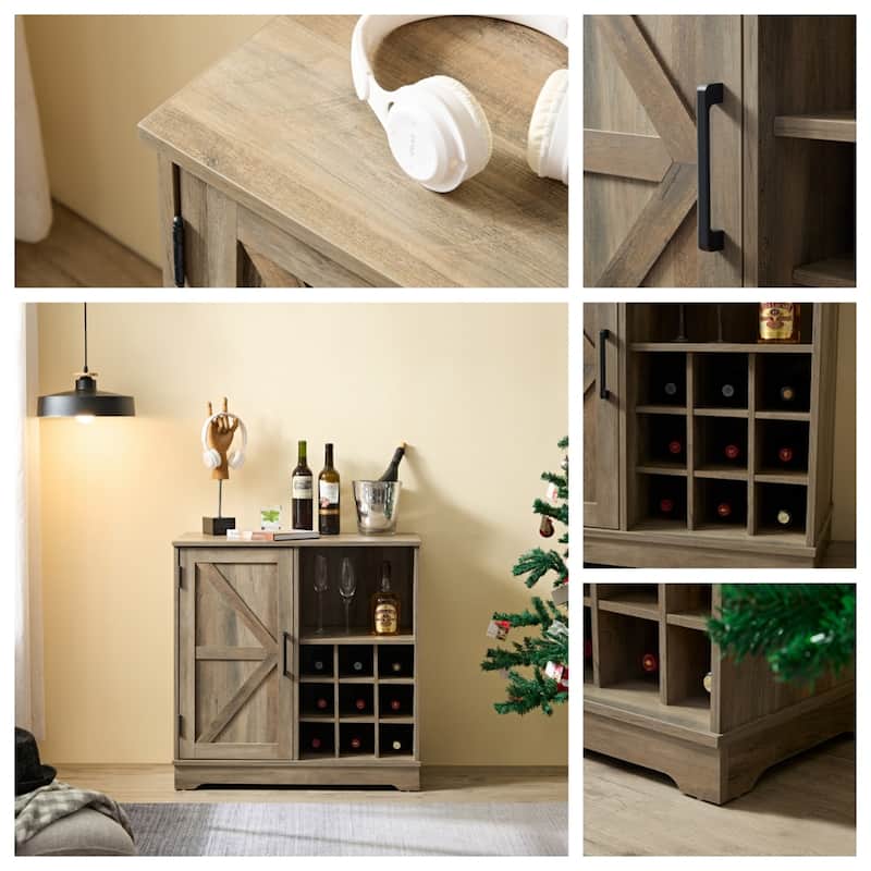 Farmhouse Wine Bar Cabinet with Drawer and Adjustable Storage Shelves for Liquor and Glasses