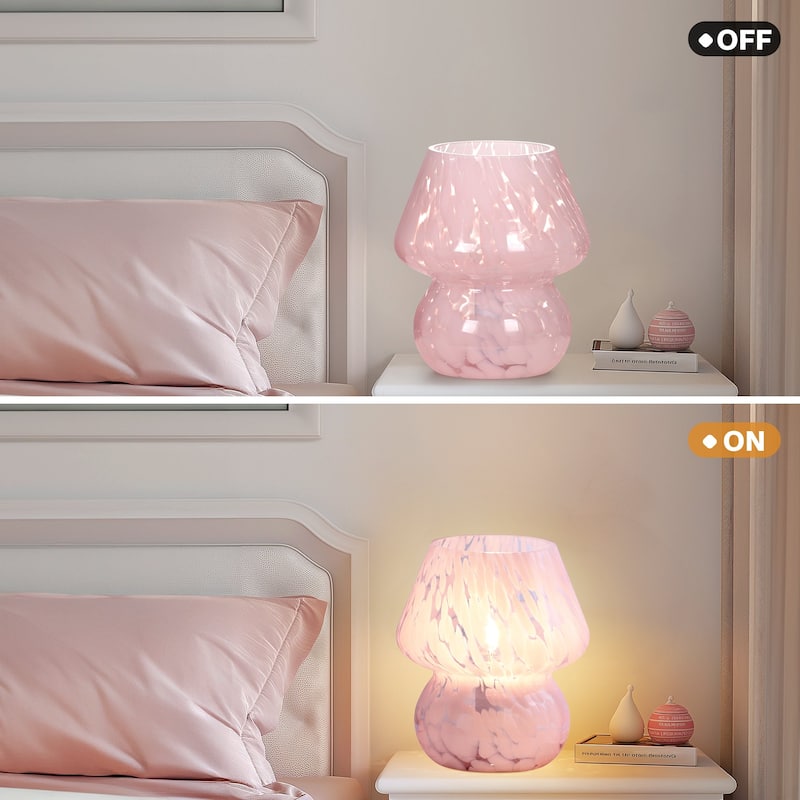Pink Ripple Glass Table Lamp Dot Mushroom Style with In-line Switch - 5.75'' x 5.75'' x 7.25'' (L x W x H)