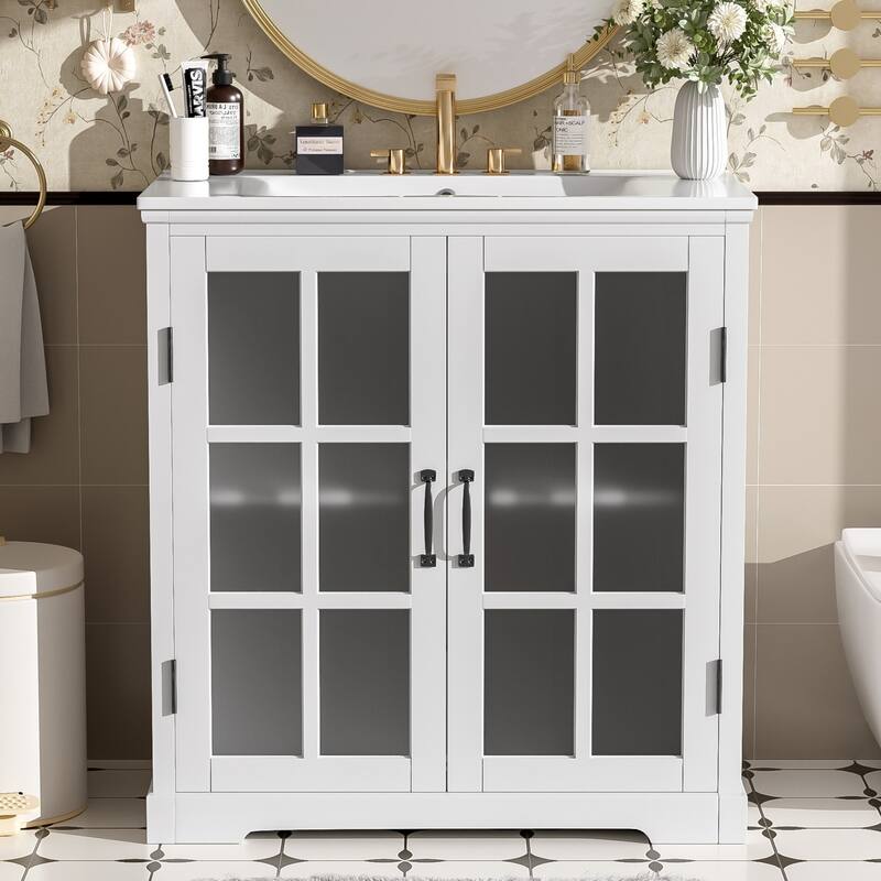 30"Bathroom Vanity with Ceramic Sink, Tempered Blurred Glass and Matte Black Handles, Large Storage Space and Rubber Wood Frame - White