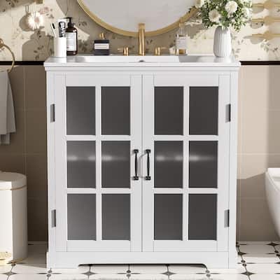 30"Bathroom Vanity with Ceramic Sink, Tempered Blurred Glass and Matte Black Handles, Large Storage Space and Rubber Wood Frame