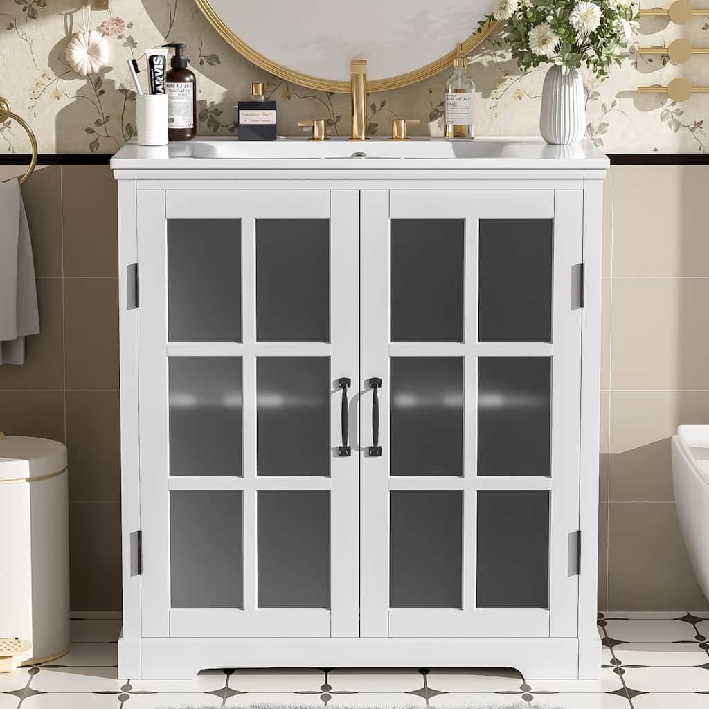 30"Bathroom Vanity with Sink,Bathroom Cabinet with Tempered Blurred Glass and Handles,Large Storage Space and Rubber Wood Frame