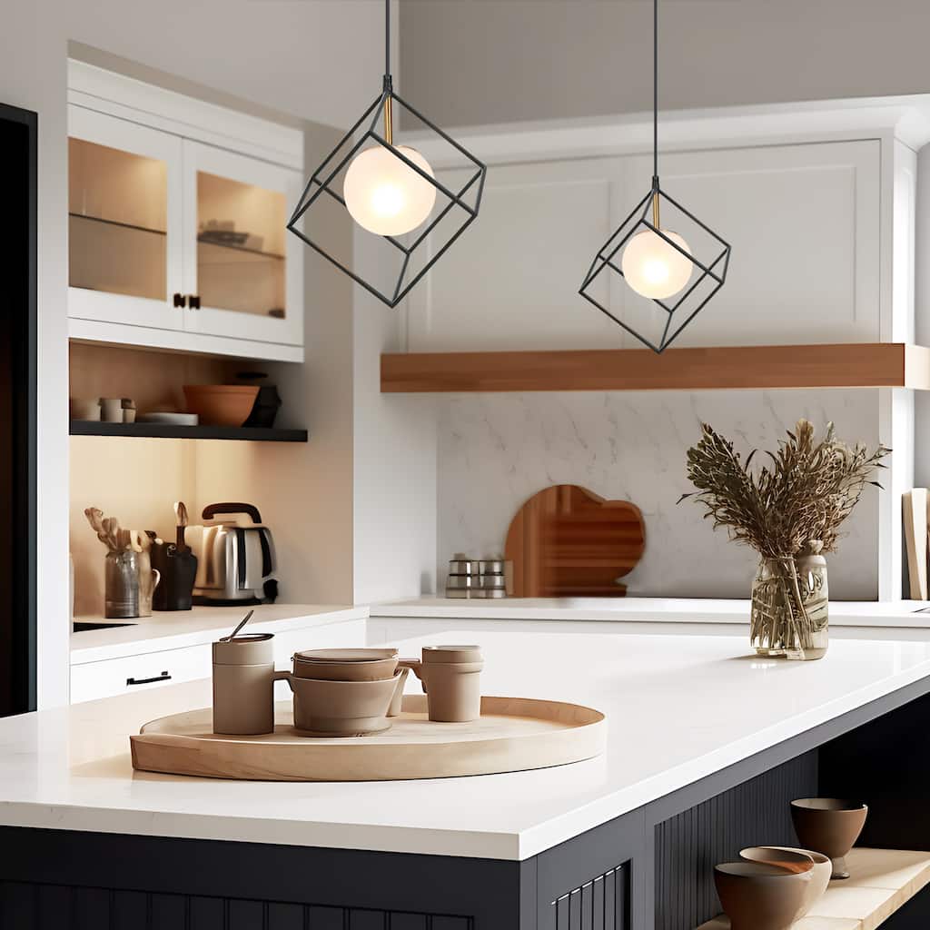 Ottilie Modern Black Gold 1-Light Cage Kitchen Island Pendant Lights with Frosted Glass - L 11" x W 11" x H 14.5"