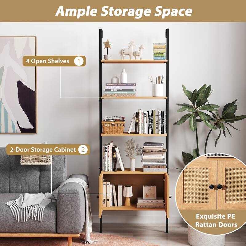 Gymax Wall-Mounted Ladder Shelf 5-tier Bookshelf w/ Rattan-Door