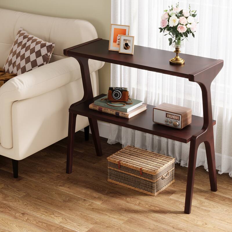 Wood 2-Tier Narrow End Side Chairside Table for Living Room