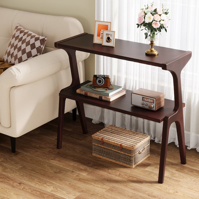 Wood 2-Tier Narrow Side End Chairside Table for Small Space