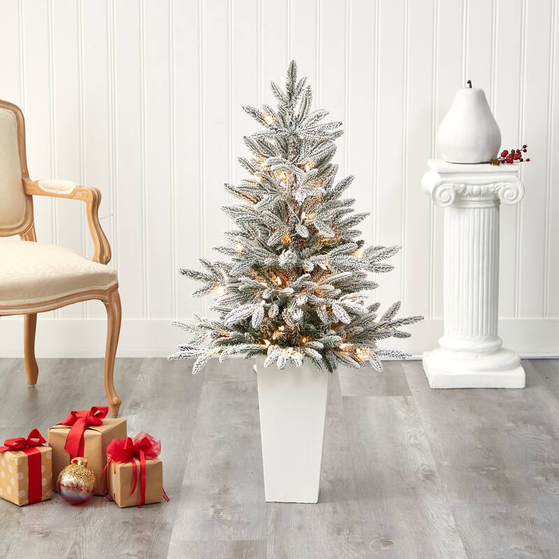 44" Flocked Artificial Christmas Tree with 50 Lights in White Planter