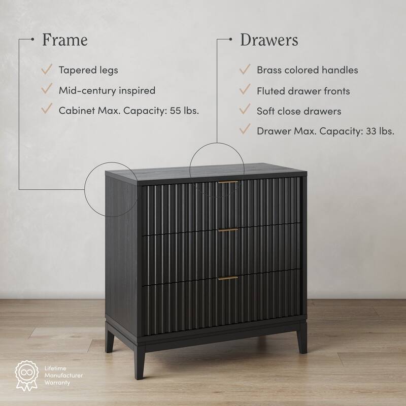 Jasper Mid-Century Modern 3-Drawer Dresser with Solid Wood Frame and Fluted Door Fronts
