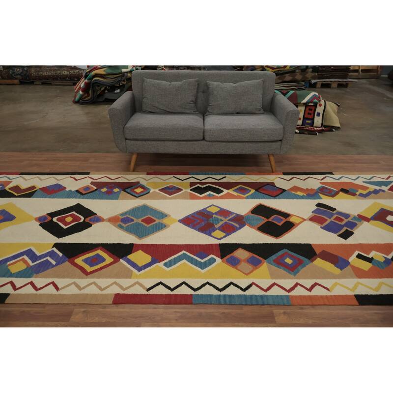 Hand Woven Oriental 100% Wool Carpet Southwestern Modern Beige & Ivories Kilim Runner Rug - 18' 1'' X 5' 5''