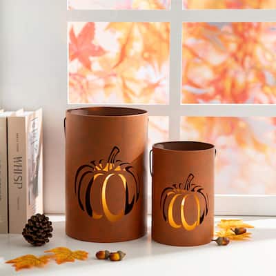 Glitzhome Fall Halloween Hollow Out Metal Bucket Lanterns Thanksgiving Candle Holder Porch Decor