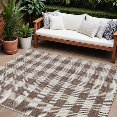 HomeRoots Plaid Transitional Rectangle Outdoor Rug
