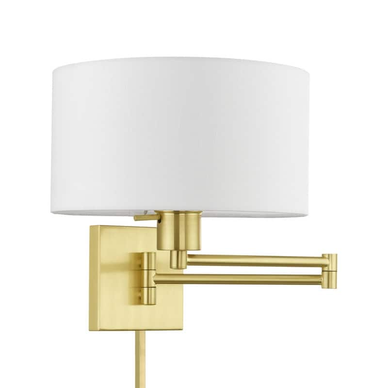 Livex Lighting 1-Light Off-White Drum Shade Swing Arm Wall Lamp, 40036 - 11"W x 11"H x 24.25"D - Satin brass