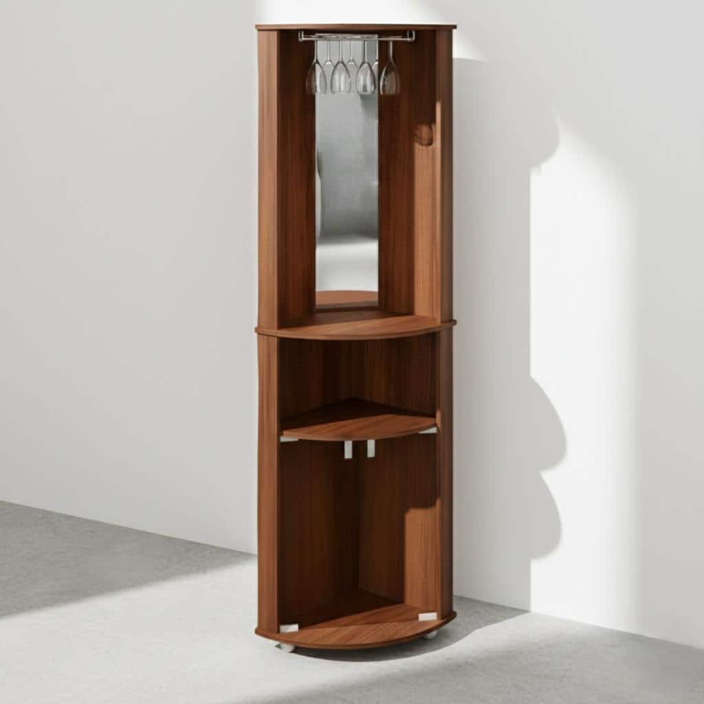 Brown Corner Bar Cabinet with Glass Rack, 2 Doors & Open Shelves