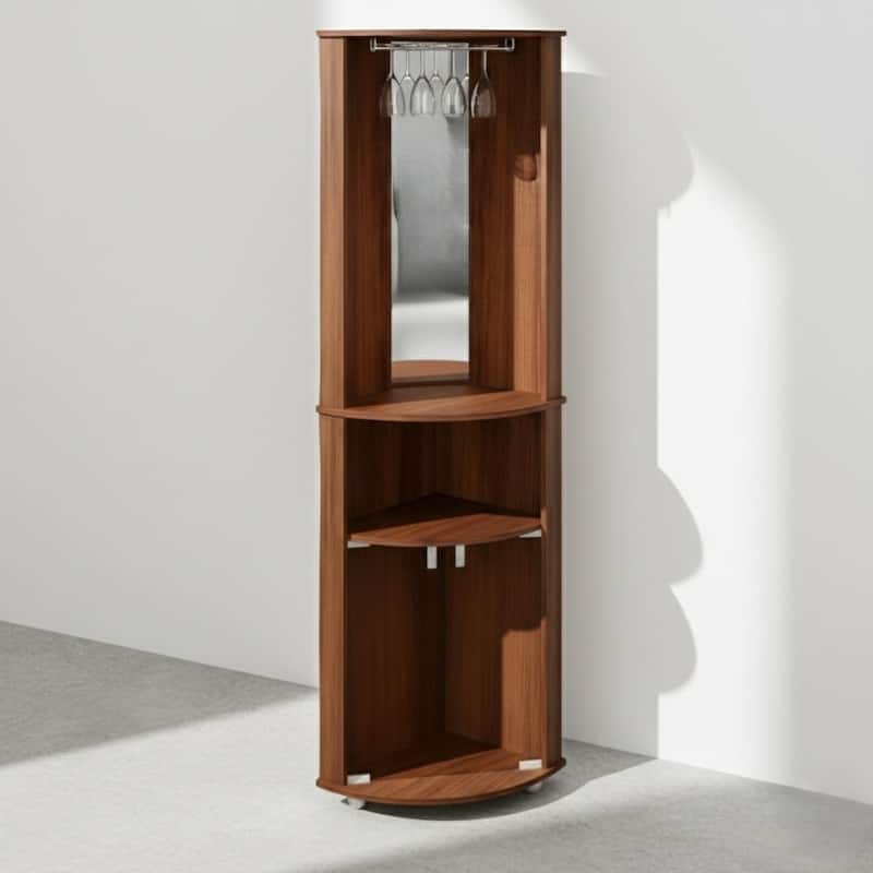 Brown Corner Bar Cabinet with Glass Rack, 2 Doors & Open Shelves