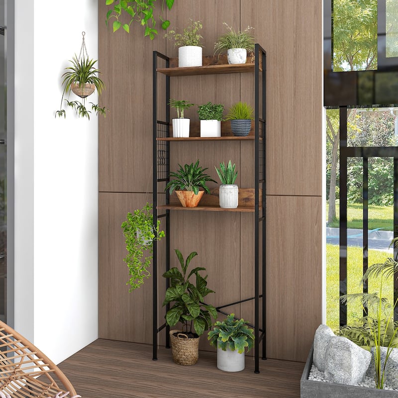 3-Tier Over-The-Toilet Bathroom Storage Rack Rustic Brown Wood and Steel Organizer with Hooks - 23.5" x 9.5" x 68" (L x W x H)