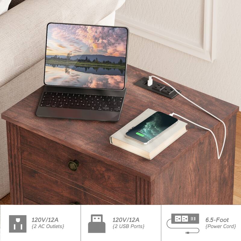 Bedroom Nightstand with Charging Station, Bedside Table with 2 Drawers