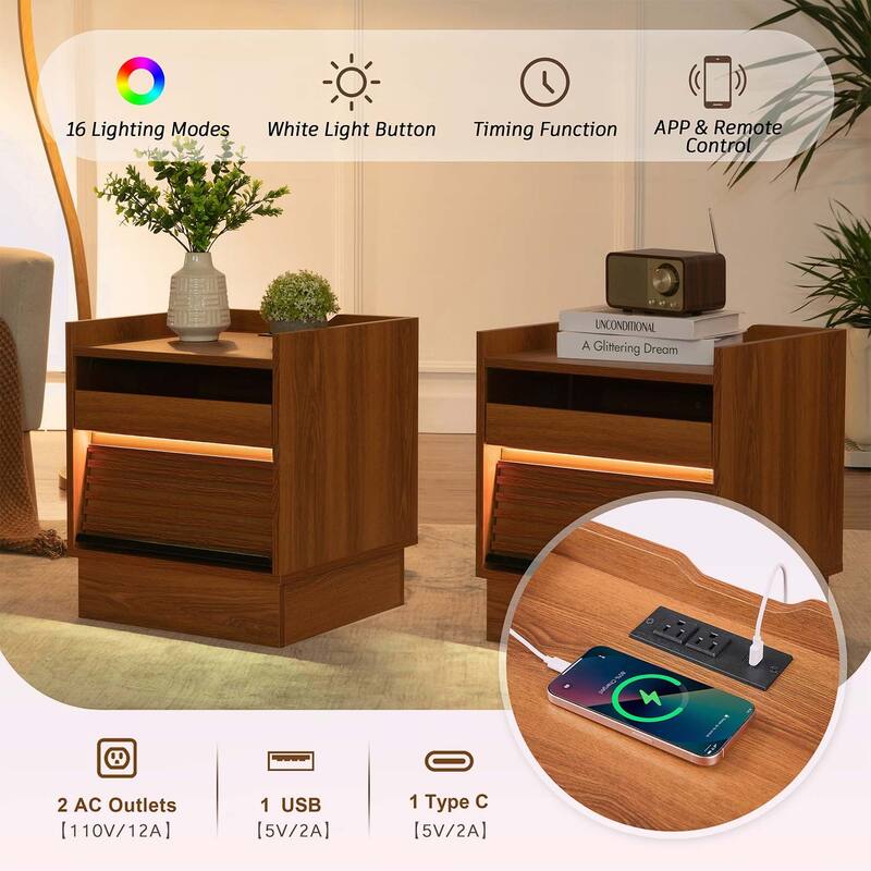 Modern Nightstand with Charging Station and LED Lights