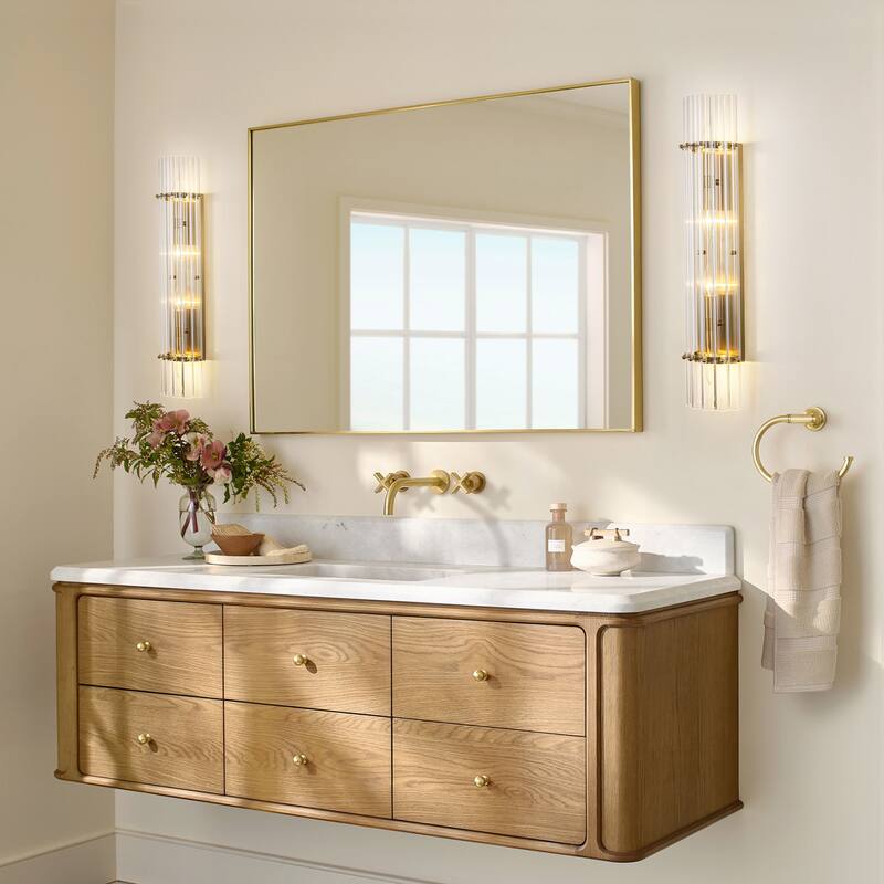 Rennnsan 4-Light Modern Wall Sconce Gold Linear Clear Glass Bathroom Vanity Light - 5.6 in. L x 3.5 in. D x 27.0 in. H
