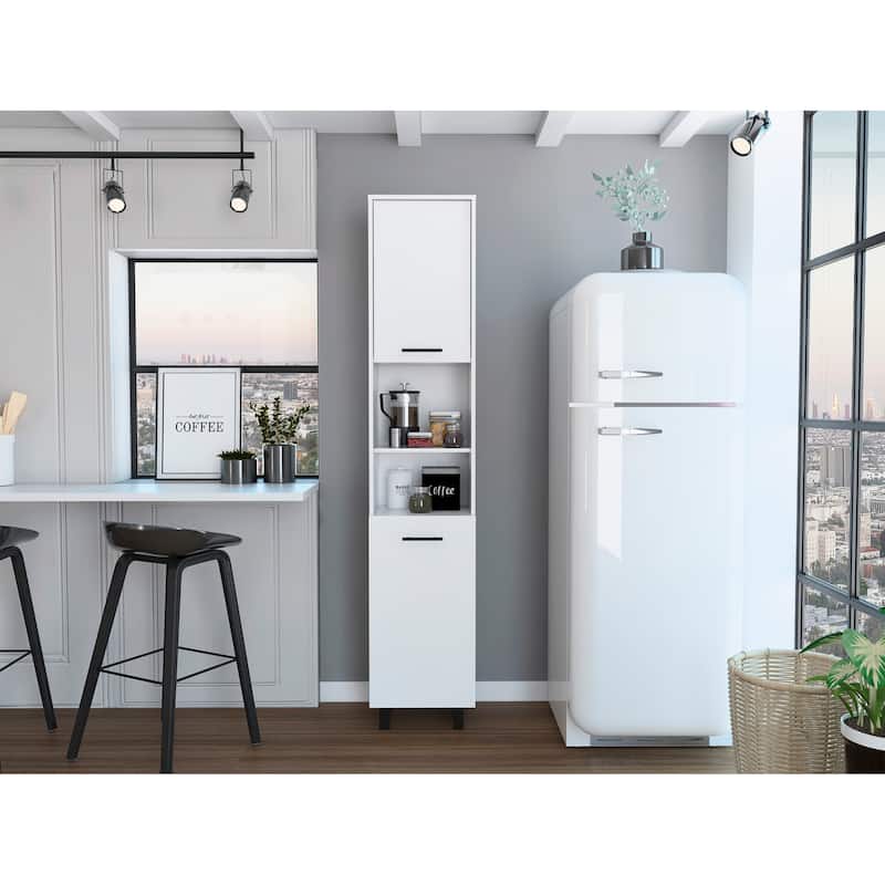 Food Storage Room with Four Legs, Three Internal Shelves, Two Racks, and Two Cabinets - White