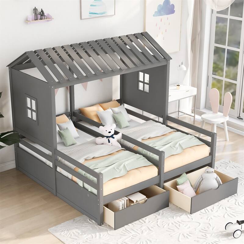 Merax 2 Shared Beds Twin Size House Platform Beds with Two Drawers - Grey