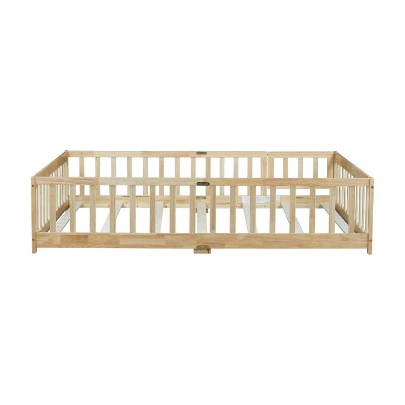 Full Size Floor Bed with Fence and Door, Rubber Wood Floor Bed with Safety Guardrails
