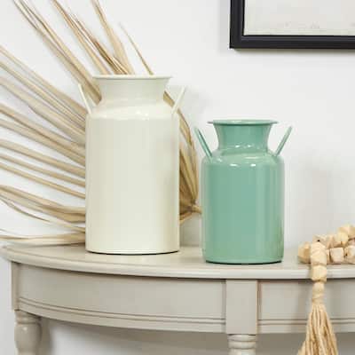 Teal Metal Jug Decorative Vase with Handles (Set of 2)