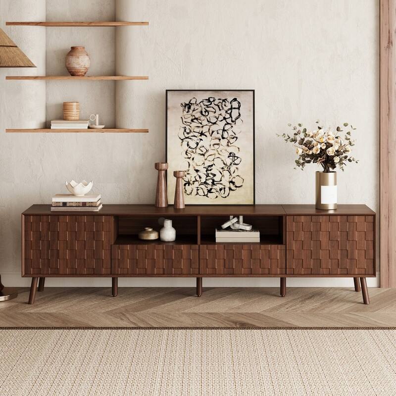 Modern 70" TV Stand for TVs up to 80", Entertainment Center Media Console Table with Solid Wood Legs and Open Storage - Walnut