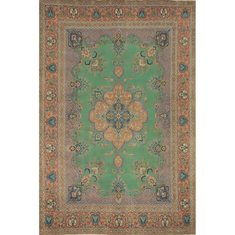 Hand Knotted Oriental 100% Wool Carpet Traditional Floral Green Tabriz Area Rug - 12' 9'' X 9' 6''