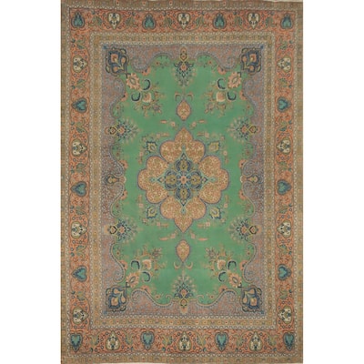 Hand Knotted Oriental 100% Wool Carpet Traditional Floral Green Tabriz Area Rug - 12' 9'' X 9' 6''