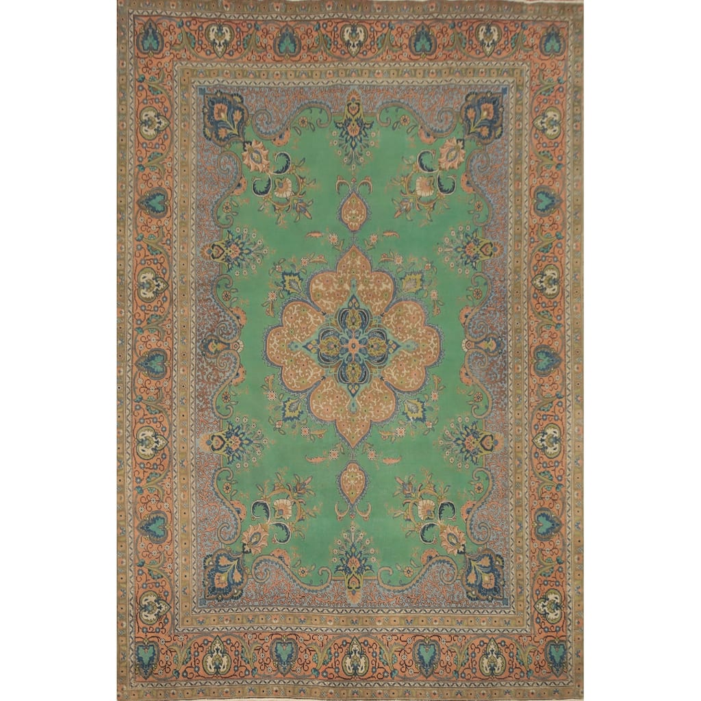 Hand Knotted Oriental 100% Wool Carpet Traditional Floral Green Tabriz Area Rug - 12' 9'' X 9' 6''
