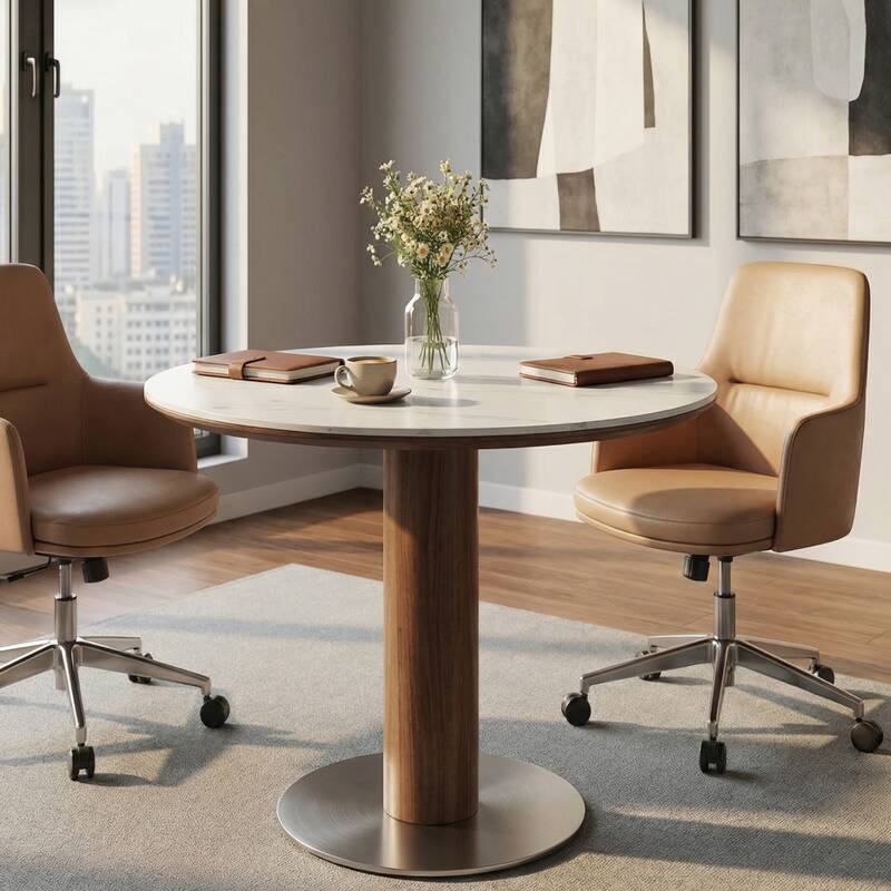 31.5 Inch Round Conference Table for 2-4, Office Meeting Table with Thicken Sintered Stone Tabletop - 31.5" Dia. x 29.53" H