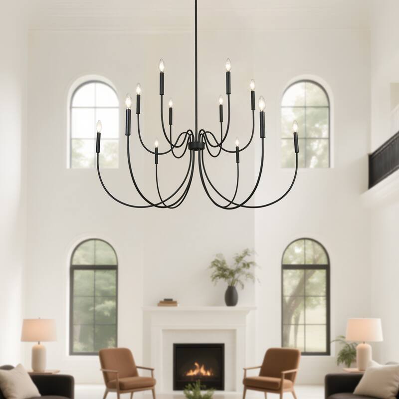 Modern Farmhouse 12-Light Oversized Black Chandelier Wheel Candle Lights - D 47.2" x H 27.6"