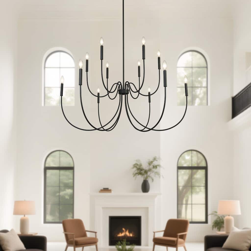 Modern Farmhouse 12-Light Oversized Black Chandelier Wheel Candle Lights - D 47.2" x H 27.6"