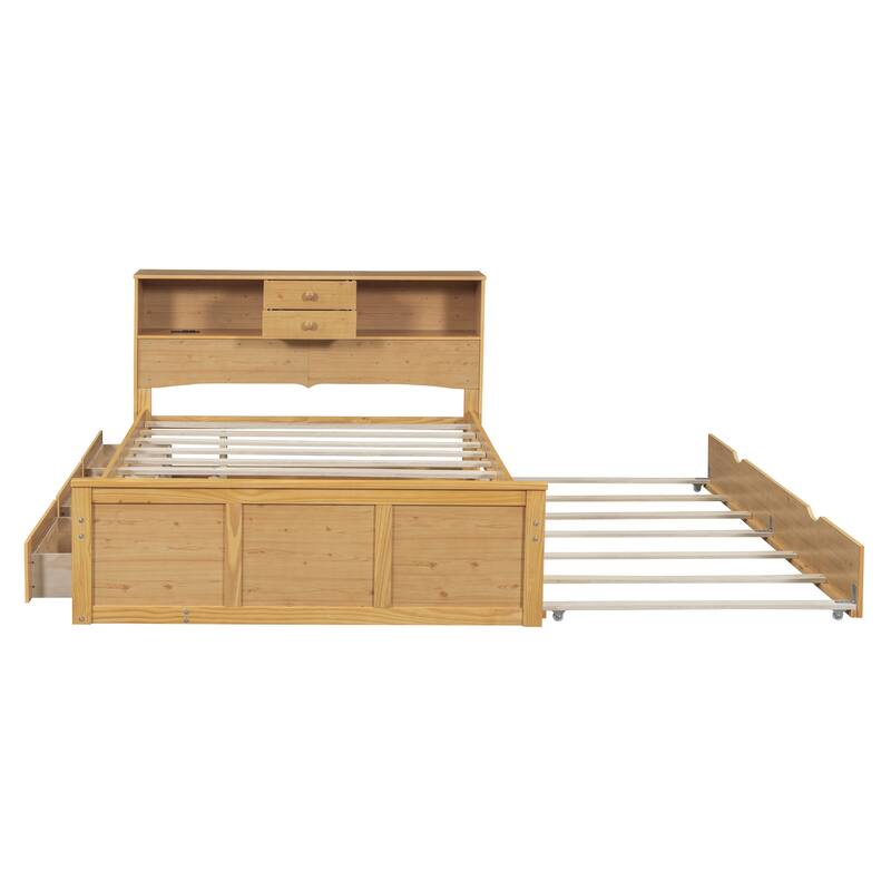 HomeRoots Natural Wood Full Bed Frame With Trundle And Drawers