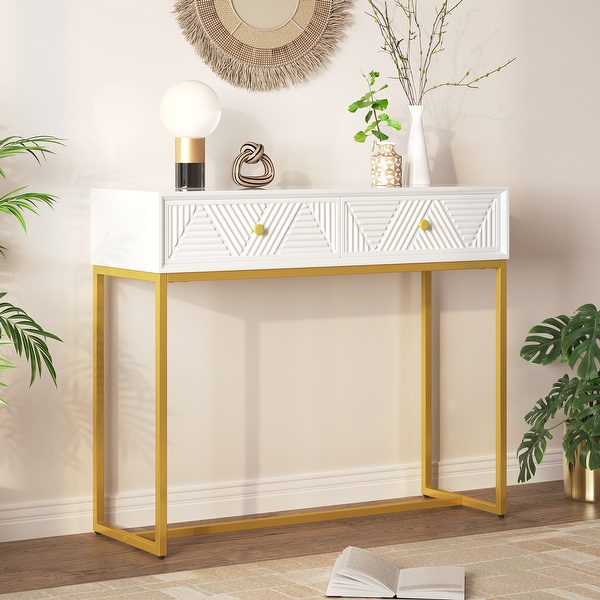 38 White Modern Console Table with 2 Storage Drawers Gold Metal Legs Foyer Sofa Table Sleek Stripe Design for Living Room